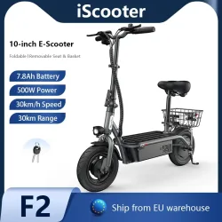iScooter 10-Zoll-Elektro-Scooter mit Sitz, 500W, 30KM/H, E-Bike für Erwachsene, 7,8Ah, 30KM maximale Reichweite, Elektrofahrrad mit Korb, für den täglichen Pendelverkehr, faltbare Elektro-Scooter