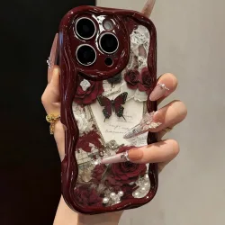 Schmetterling-Bedruckte Flache Handyhülle in Weinrot mit Cremetextur für iPhone 18 17 16 15 14 13 12 11 Pro Max Plus 17e