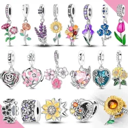 925 Sterling Silber Charms Perlen Blumen Frühling Sonnenblumen Tulpen Anhänger Passend für Original Armband Halskette DIY Damenschmuck