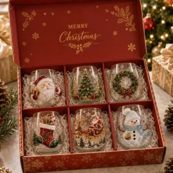 3D-Weihnachts-Glasbecher, Luxuriöses Kunstglas-Geschenkset, 6 Stück, Stiellose Weingläser für Kaffee, Tee, Saft, Milch
