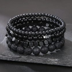 4 Teile/satz Schwarz Gall Stein Vulkanstein Holz Perlen Multi-schicht männer Kombination Elastische Armband Für Paar Freunde schmuck