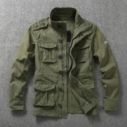 Herbstliche Herren-Militär-Cargojacken mit mehreren Taschen, schwere Baumwolle, Outdoor-Stehkragen, lässige Arbeitskleidung für Herren