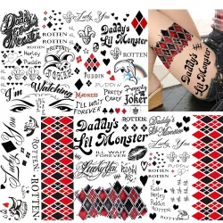 5 Blatt Joker-Tattoos, Harley Crazy Clown Joker, temporäre Tattoos für Männer und Frauen, Halloween-Kostüm