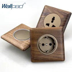 EU-Wandschalter 1/2/3/4-fach Massivholzplatte Blaue LED Runder Knopf Lichtschalter AC110-250V