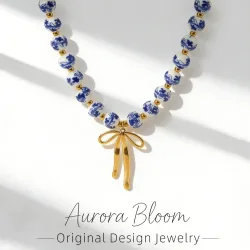 AURORA Vintage-Keramik-Halsketten mit Perlenkette für Damen, Edelstahl-Halskette mit Schleifenanhänger, Damen-Choker-Halskette