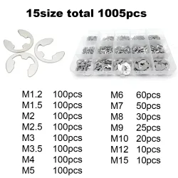 585/1005 Stück E-Clip Snap Sicherungsring Unterlegscheibe Sortiment Kit Box M1.2-M15 Schwarz 65 Mn 304 Edelstahl Außensicherungsringsatz