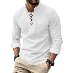 Herren Vintage V-Ausschnitt T-Shirt Baumwolle Leinen Pirat Mittelalter Wikinger Gothic Tops Shirts Langarm Cospaly Halloween Party Top