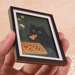Exquisiter Mini 3-Schicht-Fotorahmen Kühlschrankmagnet, Schwarze Katze & Pizza-Muster, Lustige Wohndekoration, Einzigartiges Exquisites Feiertagsgeschenk