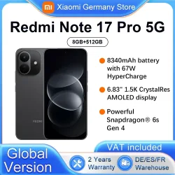 Xiaomi, Global Version Redmi Note 17 Pro 5G  smartphone 5G 6.83? IP66 lP68  8340mAh battery 67W HyperCharge 120Hz refresh rate Powerful Snapdragon 6s Gen 4 Xiaomi HyperOs 3