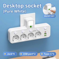 EU-Stecker, Steckdose, 4 Steckdosen, kein Verlängerungskabel mit USB-Typ-C-Anschlüssen. Zwei Spezifikationen