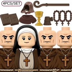 Mittelalterlicher Mönch, Nonne, Religiöser Klerus, Charakter-Bausteine, Soldaten-Robe, Kapuze, Kreuz, Buch, Rosenkranz, Kelch, Zubehör, Bausteine, Spielzeug