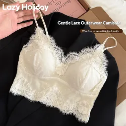 Neuer französischer Spitzen-BH, dünner Stil für kleine Brüste, mit dünnen Schulterträgern, Camisole-Tanktop, kabellos, BH mit Netzrücken