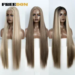 FREEDOM Gerade synthetische Spitze-Front-Perücke für Frauen, 96,5 cm lang, Ombre, Braun, Rot, Blond, Highlight-Spitze-Frontal-Perücken, Cosplay-Perücke