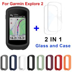 2 in 1 für Garmin Edge Explore 2 Schutzhülle + Glasfolie Schutzhülle Fahrrad Silikonhülle für Garmin Explore 2