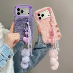 Luxuriöse Einfarbige Plüsch-Handyhülle für iPhone 17 Air 16 15 14 12 13 11 Pro Max mit Spitzenanhänger und stoßfester Schutzhülle