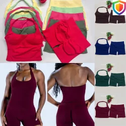 2-teiliges DF L0G0 Damen-Yoga-Set mit Neckholder und rückenfreiem Design, dehnbares, nahtloses Neckholder-Top, hochtaillierte Shorts mit Raffung, Sport-Outfits für das Fitnesstraining