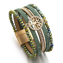 ALLYES Vintage Baum des Lebens Lederarmband für Frauen Mehrschichtige Kristallperlen Kette Wickelarmbänder & Armreifen Partyschmuck