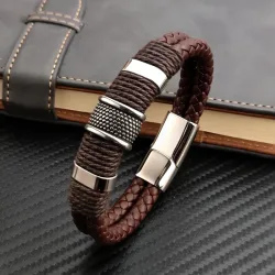 Luxus Vintage Multilayer Braun Leder Edelstahl Männer Armband Perlen Armband Schmuck Männliche Handgelenk Armreif Weihnachten Geschenke