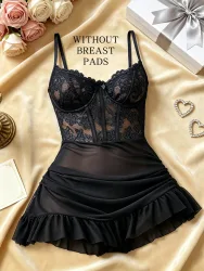 Damen-Nachthemd aus Spitze mit passendem Slip, ohne Polsterung, mit verstellbaren Trägern, gerafftem Saum und Rüschen, Nachtwäsche, Schwarz, Rot, Königsblau, S-XL