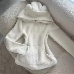 2025 Kawaii Plüsch Hoodie Frauen Bär Ohr Zip Jacke Weiche Warme Fleece Mantel Koreanische Süße Mädchen Winter Oberbekleidung Nette Mode Trend