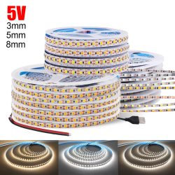 5 V, 3 mm, 5 mm PCB-LED-Streifen, 1 LED-Schnitt, ultradünn, 2835, 120 LEDs/m, 8 mm flexibles Band, DC IP21, nicht wasserdicht, warm, natürliches Weiß