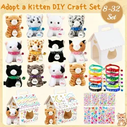 8-32er-Set ?Kätzchen adoptieren?-Partygeschenke, Katzen-Stofftiere in Großpackung, verstellbares Halsband, ID-Karte und DIY-Kätzchenhaus für Geburtstags- und Babypartys