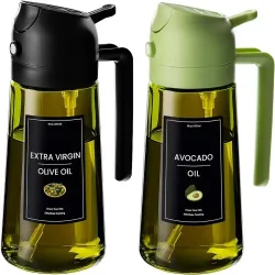Olivenölspender, Sprühgerät zum Kochen, 2-in-1-Spray und Ausgießen, dunkelgrüne Glasölflasche mit Aufklebern, 16-Unzen-470-ml-Ölsprüher