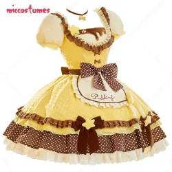 Miccostumes Damen-Kostüm in Gelb, Anime-Puppen-Cosplay, süßer Lolita-Anzug, gepunktetes Colorblock-Kleid mit Schürze und Hut