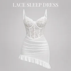 Transparentes Spitzen-Nachthemd für Damen mit passendem Slip, gerafftem Rüschensaum, Babydoll-Schlafanzug, vier Farben, S-XL