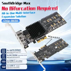 Lekuo SouthBridge Max Ohne Bifurkation PCIe 4.0 zu 4 M.2 NVMe SSD Adapterkarte 4 SATA 6G 20G USB-C Riser Erweiterung für PC NAS