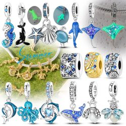 2026 Sommer Charms Perlenanhänger 925 Sterling Silber Ozeanperle Fisch Muschel Schildkröte Charm passend für Armband für Damen DIY Schmuck Geschenk