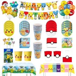 Pokemon Geburtstag Party Dekoration Pikachu Einweg Geschirr Tasse Serviette Platte Tischdecke Baby Dusche Kuchen Topper Flagge Luftballons