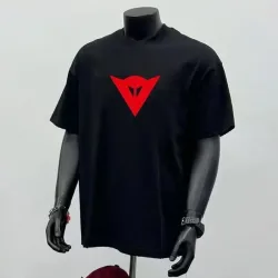 Herren Schwarzes Oversize T-Shirt mit Rotem Dreieck-Logo-Print Lässiges Streetwear Kurzarm Baumwoll-T-Shirt Unisex
