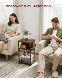 VASAGLE Beistelltisch, Nachttisch mit Steckdose, schmal, 2 AC-Anschlüsse, 2 USB-Anschlüsse, 30 x 34 x 58 cm, für Wohnzimmer