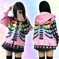 26 Damen Winter Halloween Harajuku Japanischer Gothic Hip Hop Yami Kawaii Y2k Totenkopf-Print Mädchen Damen Zip-Hoodies Damen Sweatshirt