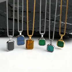 Trendige Anhänger-Halsketten für Männer, Quadratische Naturstein-Edelstahl-Halsketten, Hip-Hop Heilschmuck Geschenke für Ehemann Vater