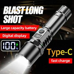 Ultrahelle LED-Taschenlampe mit Zoom und Batterieanzeige, USB-Aufladung, Camping-Lichtblitz