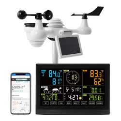 SucceBuy 7-in-1 WLAN-Wetterstation mit 7,5 Zoll Farbdisplay + Solarbetriebener Drahtloser Außensensor für Temperatur- und Feuchtigkeitsalarme