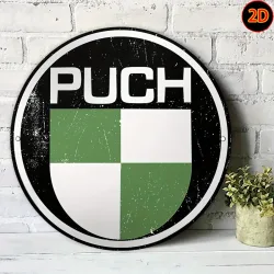 Potdemiel, 2D Flat ? [2D Flat] Vintage PUCH Marken-Metallschild ? 19,99 cm runde Aluminium-Wandkunst mit grün-weiß kariertem Design, rustikal
