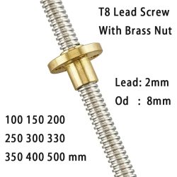 T8 Gewindespindel mit Mutter, Außendurchmesser 8mm, Steigung 2mm, 100mm 200mm 300mm 400mm 500mm, Gewindespindel mit Messingmutter, Reprap 3D-Drucker-Teile