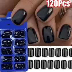120 Teile/schachtel Glänzend-Schwarz Kurze Quadratische Künstliche Nägel Solide Schwarz Farbe Acryl Falsche Nägel Drücken Auf Nagel Schwarz Quadrat maniküre Tipps