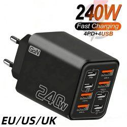 240W 8-in-1 USB-C GaN-Ladegerät, schnelles Ladegerät, Netzteil für iPhone, Samsung, Xiaomi, EU/US/UK-Stecker, Reiseladegerät