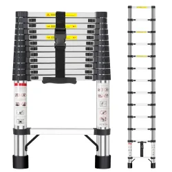 2,6 m - 4,4 m Teleskopleiter aus Edelstahl, abnehmbare Haken & Stabilisierungsstange, 150 kg Tragfähigkeit, tragbare Ein-Knopf-Ausziehleiter, rutschfest, vielseitig einsetzbar für Innen- und