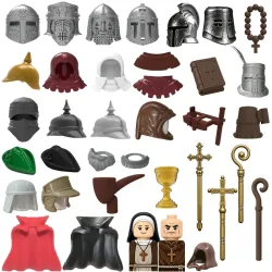 MOC Figuren Körperteile Bausteine Mittelalterliche Ritter Helm Bart Empire Hut Umhang Axt Hammer Sichel Mini-Bausteine Spielzeug Geschenke