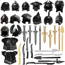 Mittelalterlicher Ritter Römischer Krieger Soldat Waffen Zubehör Bausteine Helme Rüstung Speer Schwert Zusammenbaubare Partikel Bausteine Spielzeug