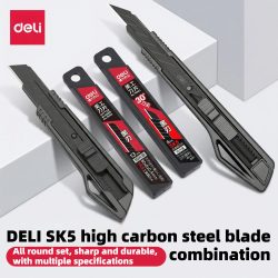 Deli Hochleistungs-Universalmesser 9mm/18mm Scharfer Schwarzer SK5 Kohlenstoffstahl Automatisch Einziehbarer Kartonschneider für Pappe und Kartons