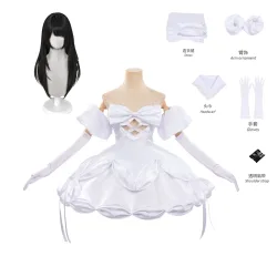 Asiatische Größe, Zombie-Bühnenkostüm, Sua-Cosplay-Kostüm, Perücke, Alien-Bühnenkostüm, weißes Kleid, Socken, Fliege, Kopftuch, Outfit, Halloween-Party, Rollenspiel.