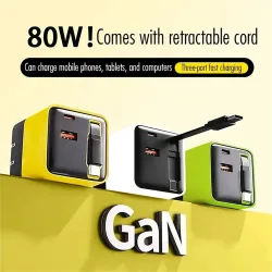 80W GaN USB C Schnellladegerät Einziehbares Kabel Telefonladegerät Adapter für iPhone Samsung Xiaomi Huawei EU/US/UK Stecker Schnellladegerät