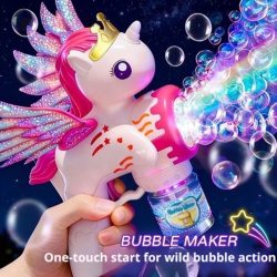 2026 Fliegendes Einhorn Elektrische Seifenblasenpistole, Bunter Poröser Automatischer Seifenblasenmacher mit Lichtern für Sommer-Outdoor-Partyspiele
