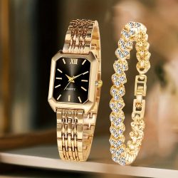 2-teiliges Set Modische Rechteckige Damen Quarzuhr mit Römischem Zifferblatt und Strass-Armband, Reloj Mujer, Mädchenuhr, Geschenk